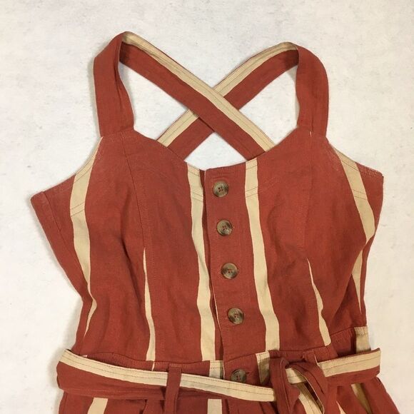 Billabong Womens 8 Sleeveless Linen Jumpsuit Stripe Crossfire Rusty Orange White - Picture 3 of 16